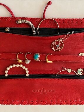 Sundance Catalog Genuine Leather Jewelry Roll-Up Travel Case – Red